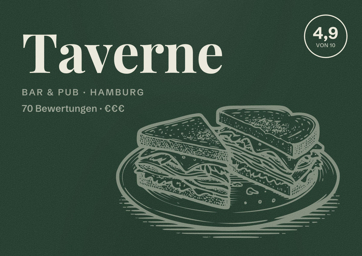 Illustriertes Poster von Taverne, Bar & Pub in Hamburg: Bewertung 4,9 von 10 aus 70 Bewertungen, Preisniveau €€€