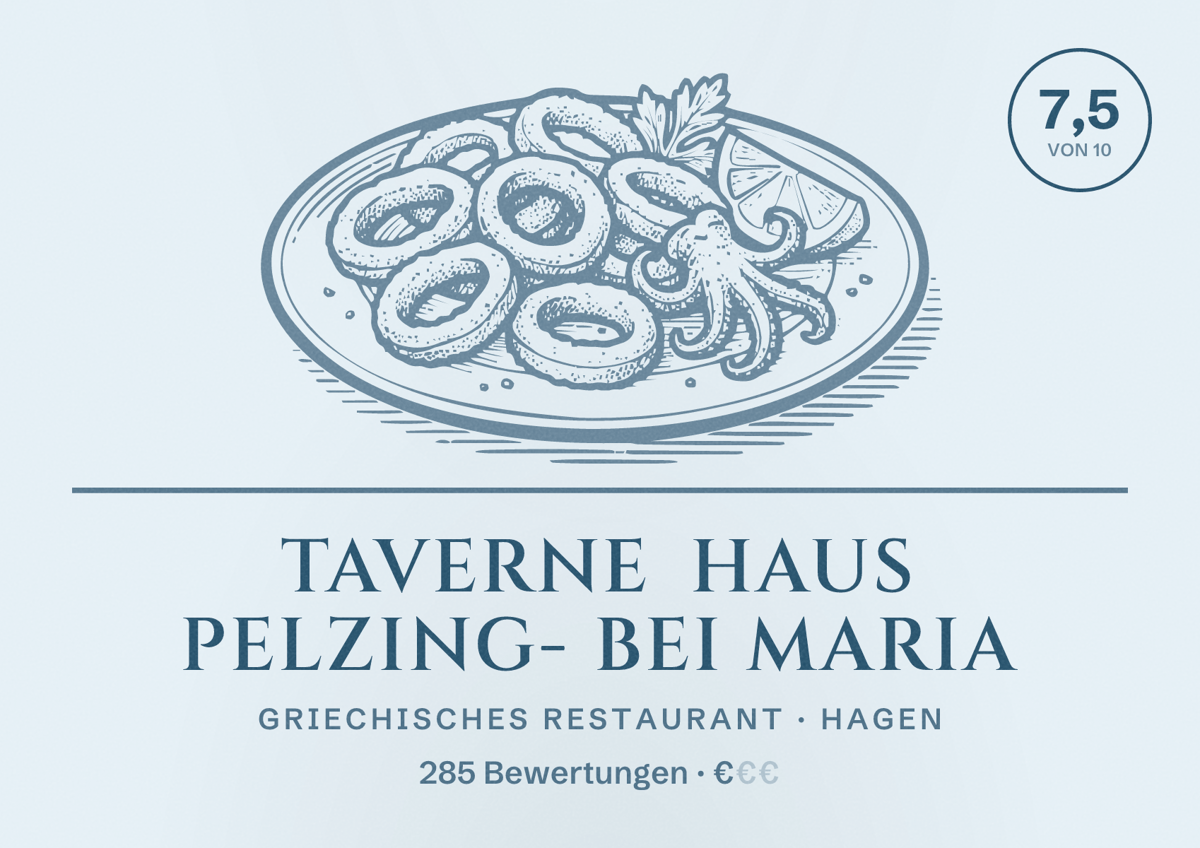 Illustriertes Poster von Taverne Haus Pelzing- bei Maria, Griechisches Restaurant in Hagen: Bewertung 7,5 von 10 aus 285 Bewertungen, Preisniveau €