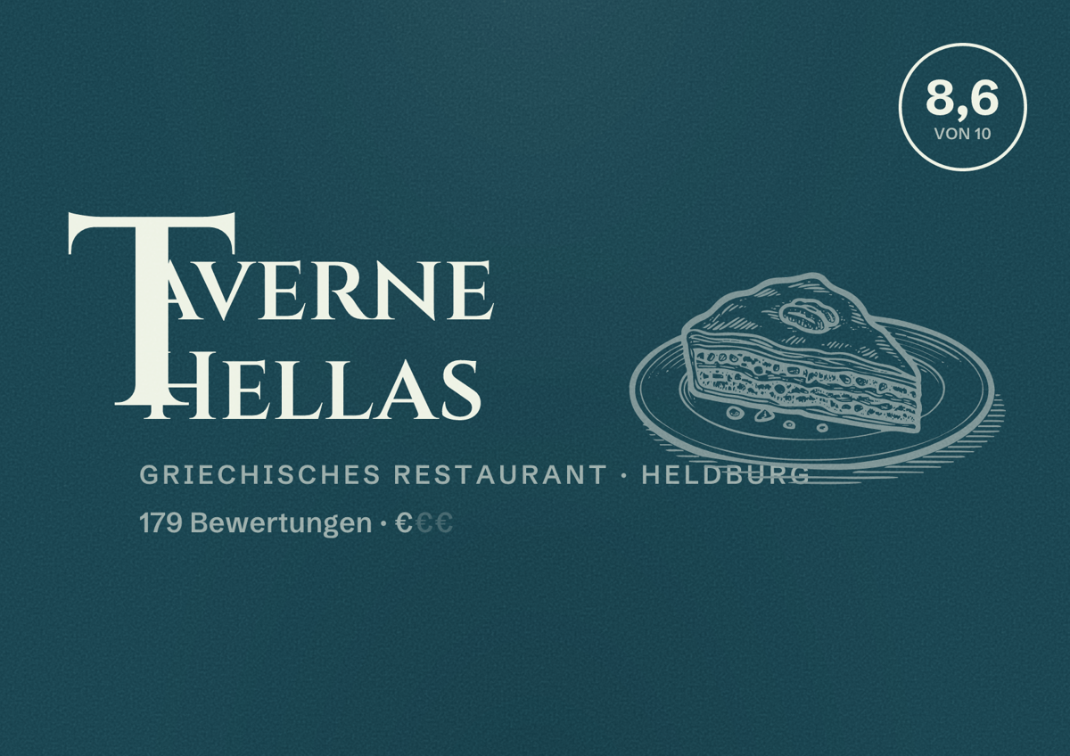 Illustriertes Poster von Taverne Hellas, Griechisches Restaurant in Heldburg: Bewertung 8,6 von 10 aus 179 Bewertungen, Preisniveau €