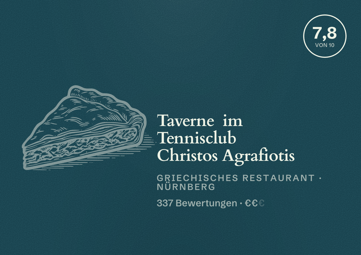 Illustriertes Poster von Taverne im Tennisclub Christos Agrafiotis, Griechisches Restaurant in Nürnberg: Gästebewertung 7,8 von 10 aus 337 Bewertungen