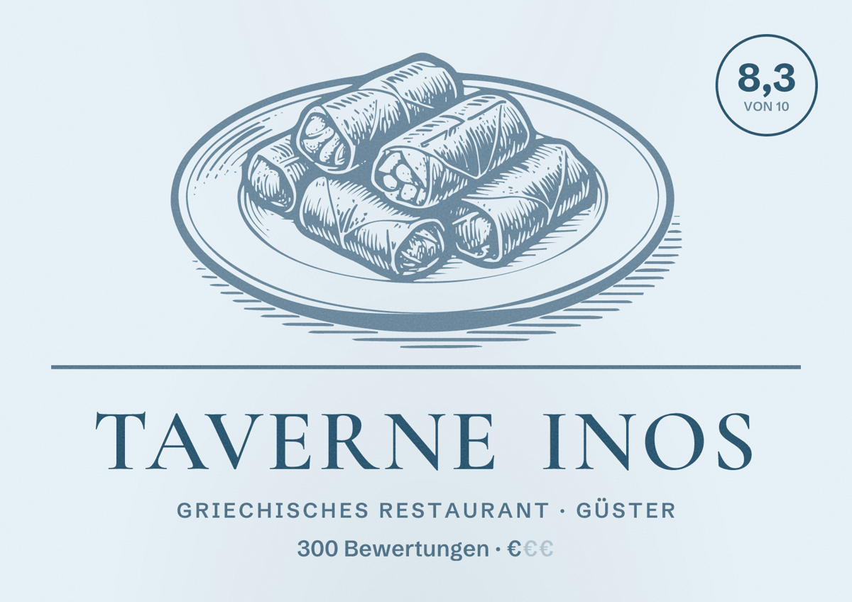 Illustriertes Poster von Taverne Inos, Griechisches Restaurant in Güster: Bewertung 8,3 von 10 aus 300 Bewertungen, Preisniveau €