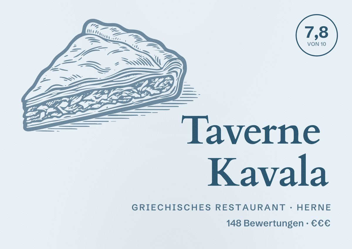 Illustriertes Poster von Taverne Kavala, Griechisches Restaurant in Herne: Bewertung 7,8 von 10 aus 148 Bewertungen, Preisniveau €€€