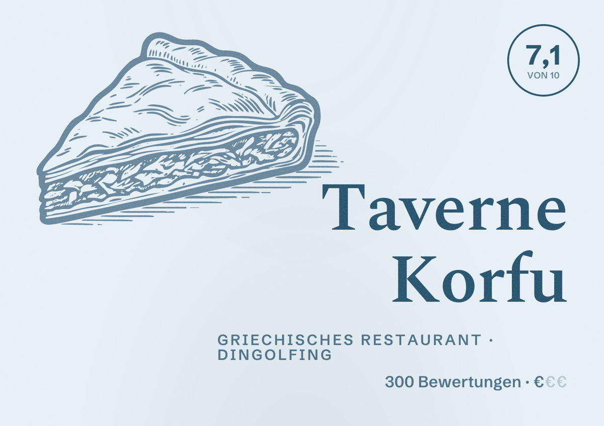 Illustriertes Poster von Taverne Korfu, Griechisches Restaurant in Dingolfing: Bewertung 7,1 von 10 aus 300 Bewertungen, Preisniveau €