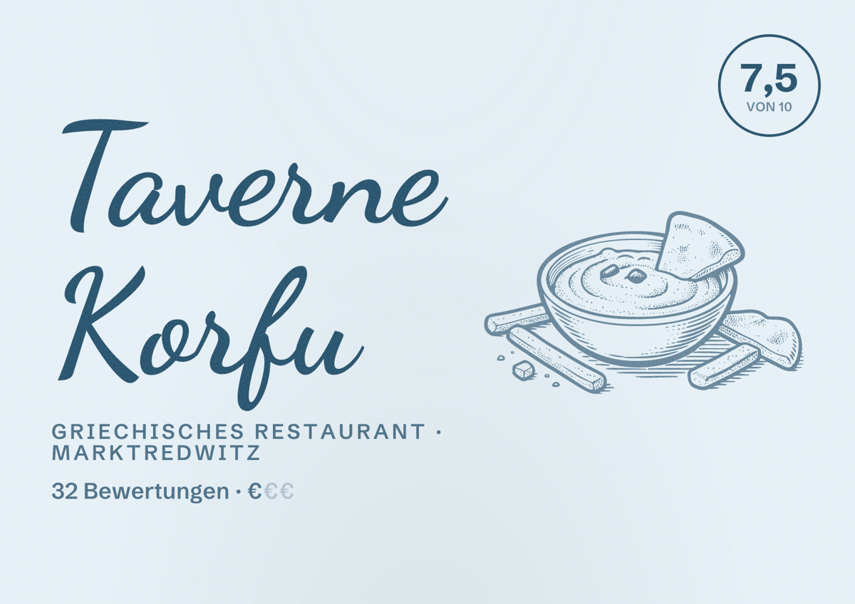 Illustriertes Poster von Taverne Korfu, Griechisches Restaurant in Marktredwitz: Bewertung 7,5 von 10 aus 32 Bewertungen, Preisniveau €