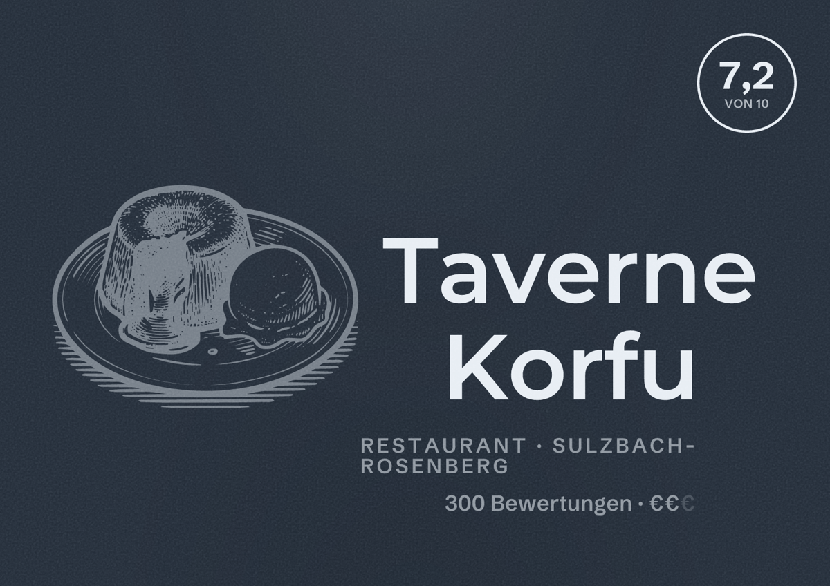 Illustriertes Poster von Taverne Korfu, Restaurant in Sulzbach-Rosenberg: Bewertung 7,2 von 10 aus 300 Bewertungen, Preisniveau €€