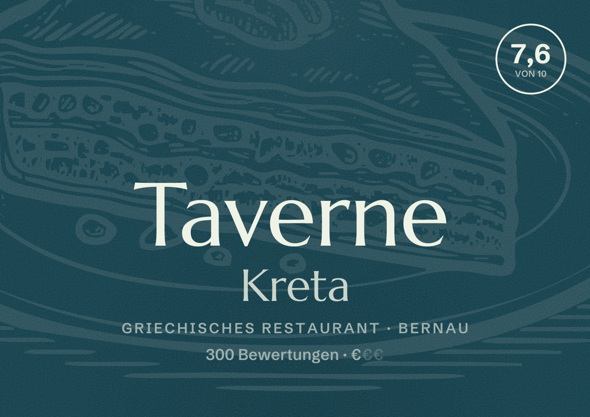 Illustriertes Poster von Taverne Kreta, Griechisches Restaurant in Bernau: Bewertung 7,6 von 10 aus 300 Bewertungen, Preisniveau €