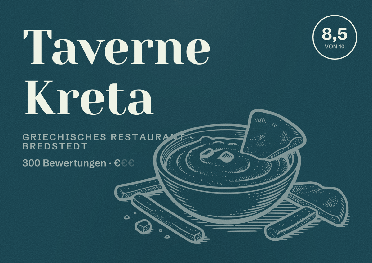 Illustriertes Poster von Taverne Kreta, Griechisches Restaurant in Bredstedt: Bewertung 8,5 von 10 aus 300 Bewertungen, Preisniveau €