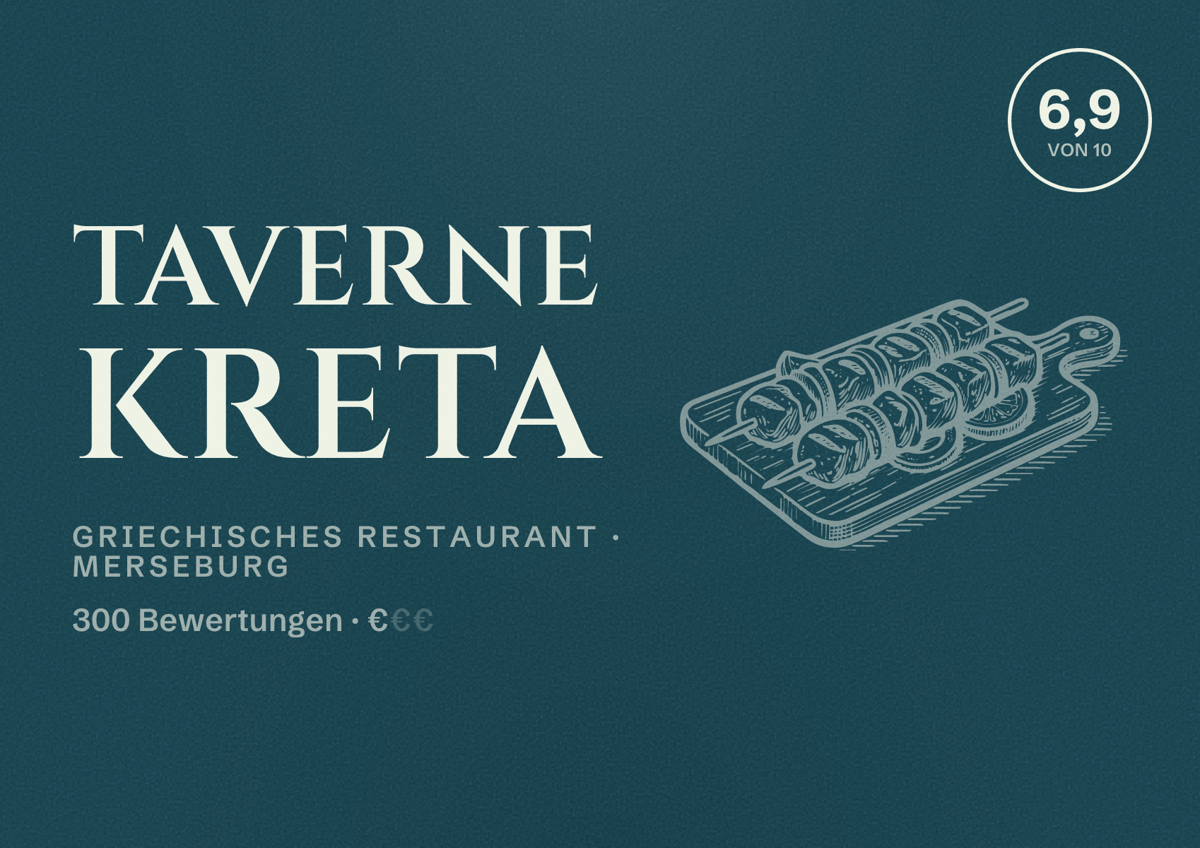 Illustriertes Poster von Taverne Kreta, Griechisches Restaurant in Merseburg: Bewertung 6,9 von 10 aus 300 Bewertungen, Preisniveau €