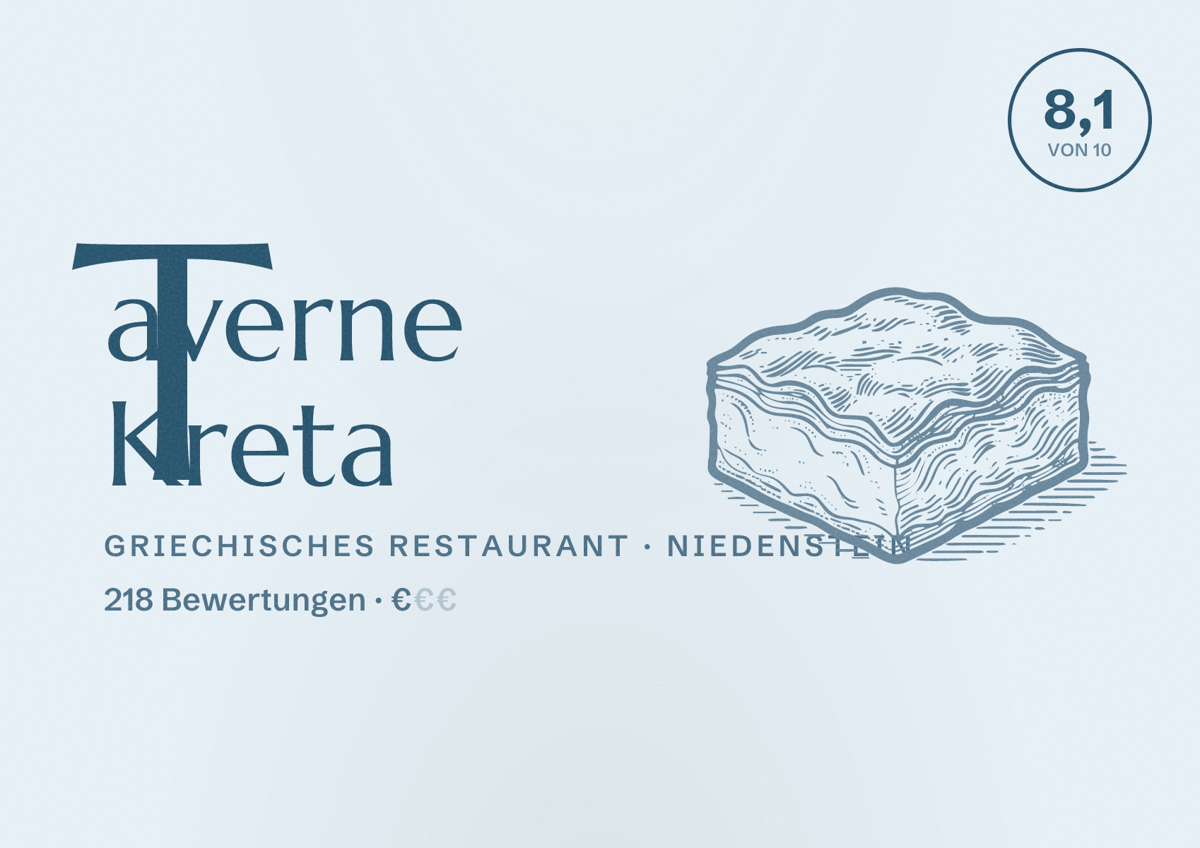 Illustriertes Poster von Taverne Kreta, Griechisches Restaurant in Niedenstein: Bewertung 8,1 von 10 aus 218 Bewertungen, Preisniveau €