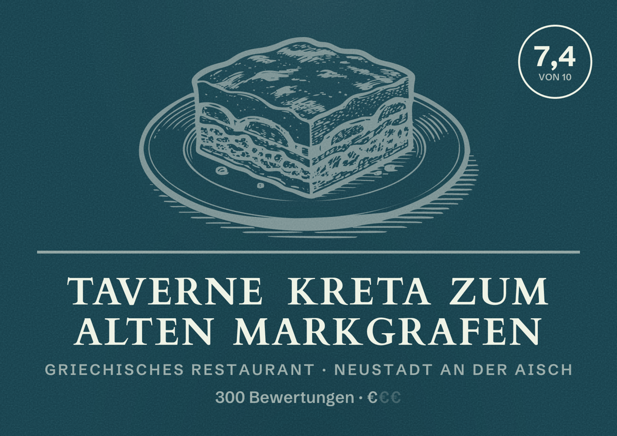 Illustriertes Poster von Taverne Kreta zum Alten Markgrafen, Griechisches Restaurant in Neustadt an der Aisch: Bewertung 7,4 von 10 aus 300 Bewertungen, Preisniveau €