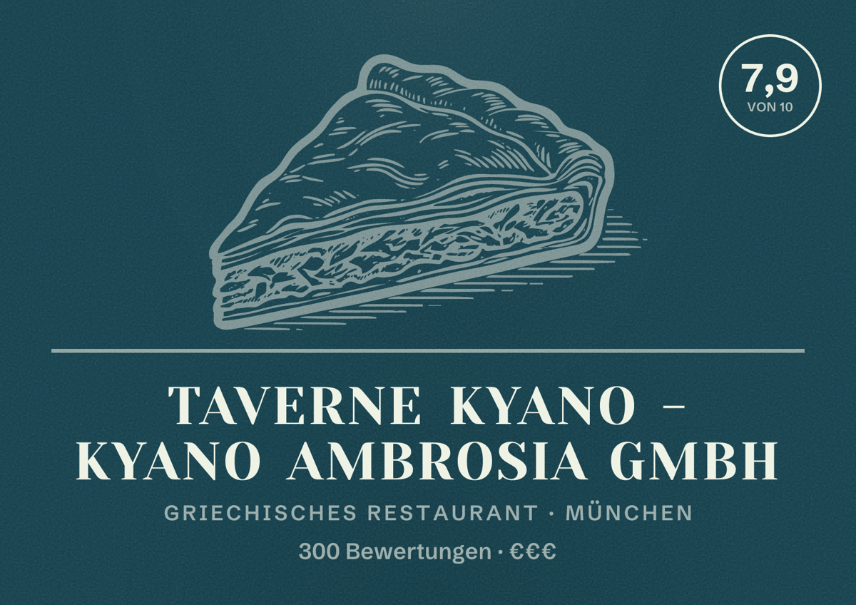 Illustriertes Poster von Taverne Kyano - Kyano Ambrosia GmbH, Griechisches Restaurant in München: Bewertung 7,9 von 10 aus 300 Bewertungen, Preisniveau €€€