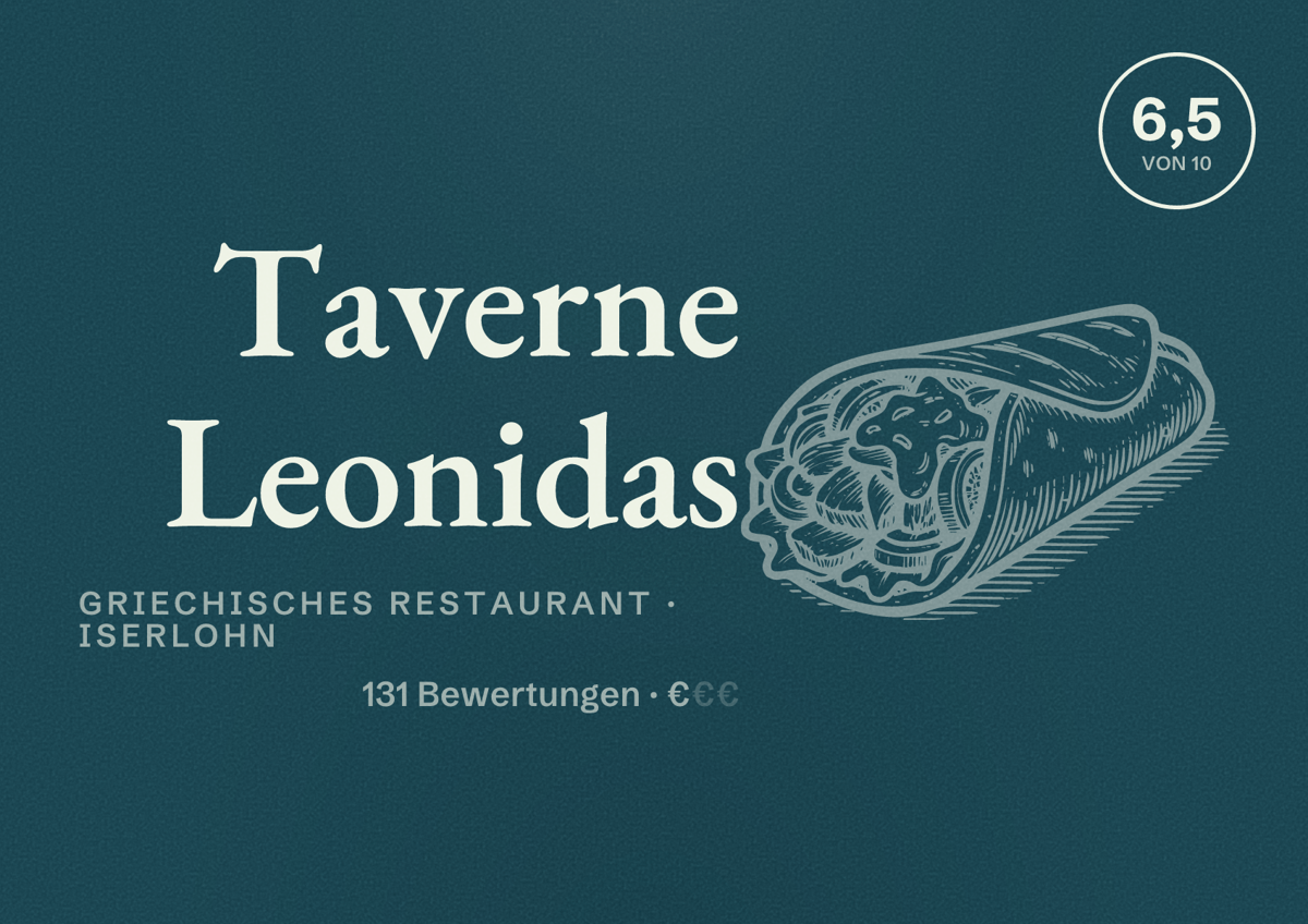 Illustriertes Poster von Taverne Leonidas, Griechisches Restaurant in Iserlohn: Bewertung 6,5 von 10 aus 131 Bewertungen, Preisniveau €