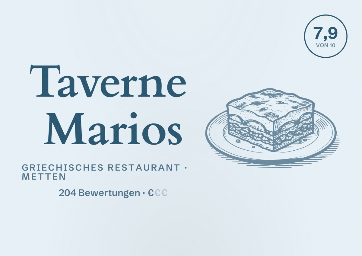 Illustriertes Poster von Taverne Marios, Griechisches Restaurant in Metten: Bewertung 7,9 von 10 aus 204 Bewertungen, Preisniveau €