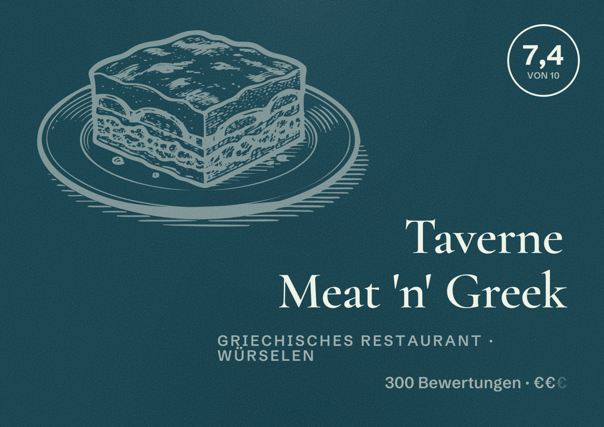 Illustriertes Poster von Taverne Meat 'n' Greek, Griechisches Restaurant in Würselen: Bewertung 7,4 von 10 aus 300 Bewertungen, Preisniveau €€