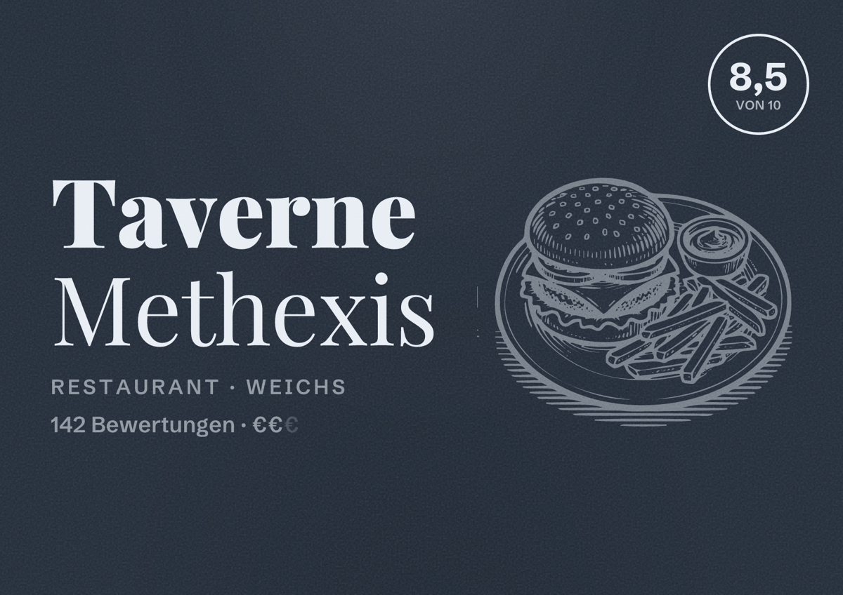 Illustriertes Poster von Taverne Methexis, Restaurant in Weichs: Bewertung 8,5 von 10 aus 142 Bewertungen, Preisniveau €€