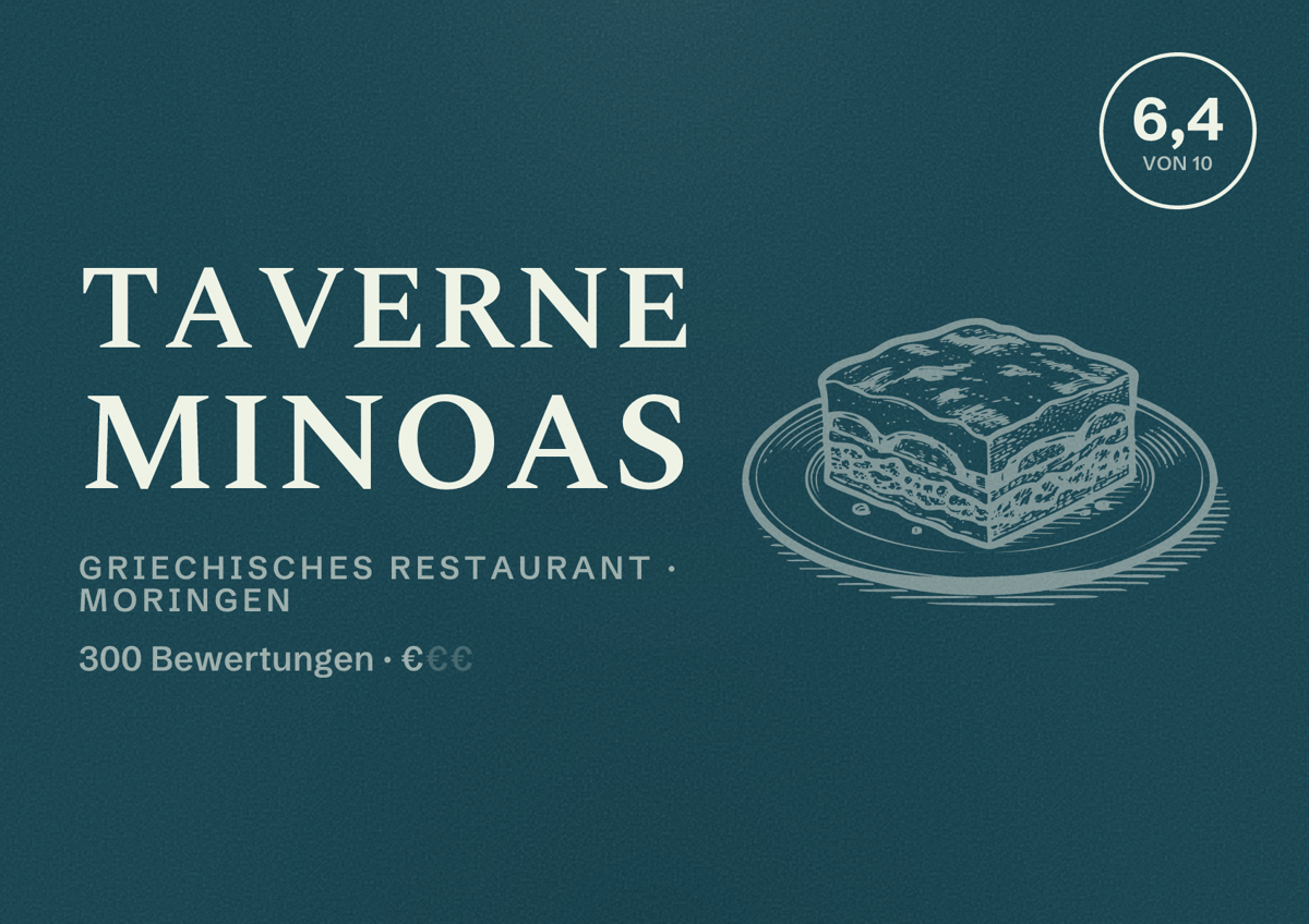 Illustriertes Poster von Taverne Minoas, Griechisches Restaurant in Moringen: Bewertung 6,4 von 10 aus 300 Bewertungen, Preisniveau €