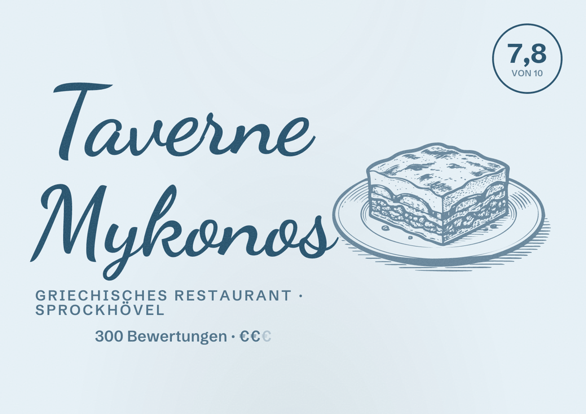 Illustriertes Poster von Taverne Mykonos, Griechisches Restaurant in Sprockhövel: Bewertung 7,8 von 10 aus 300 Bewertungen, Preisniveau €€