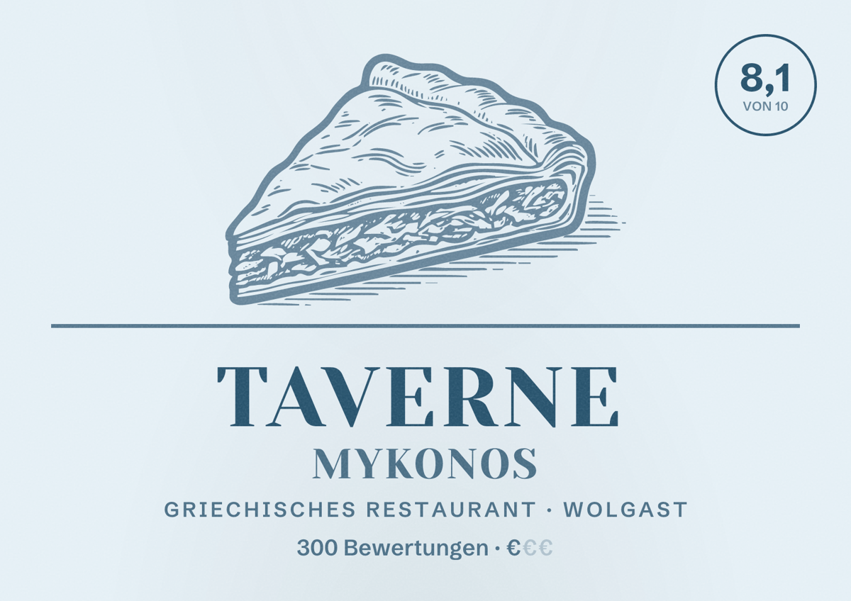 Illustriertes Poster von Taverne Mykonos, Griechisches Restaurant in Wolgast: Bewertung 8,1 von 10 aus 300 Bewertungen, Preisniveau €