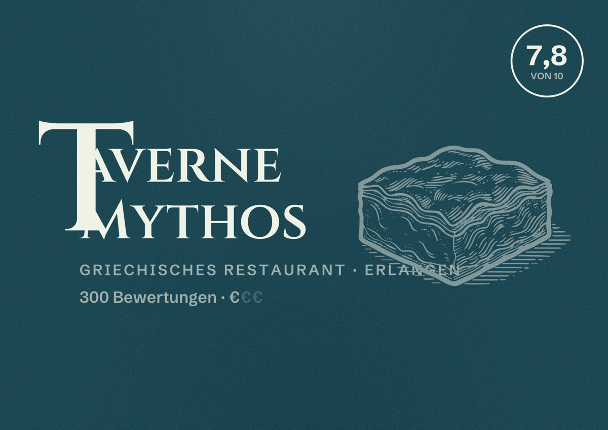 Illustriertes Poster von Taverne Mythos, Griechisches Restaurant in Erlangen: Bewertung 7,8 von 10 aus 300 Bewertungen, Preisniveau €