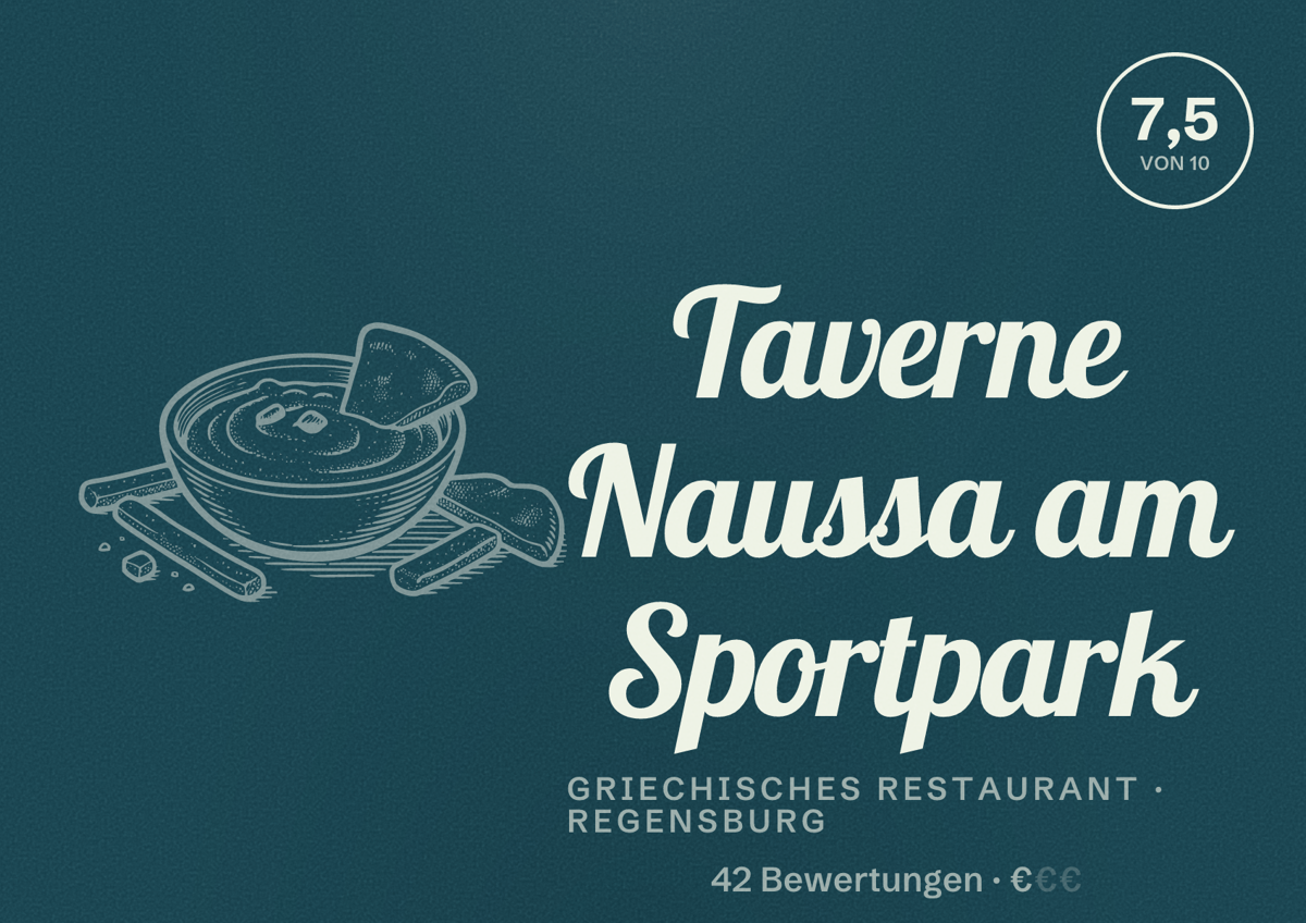 Illustriertes Poster von Taverne Naussa am Sportpark, Griechisches Restaurant in Regensburg: Bewertung 7,5 von 10 aus 42 Bewertungen, Preisniveau €