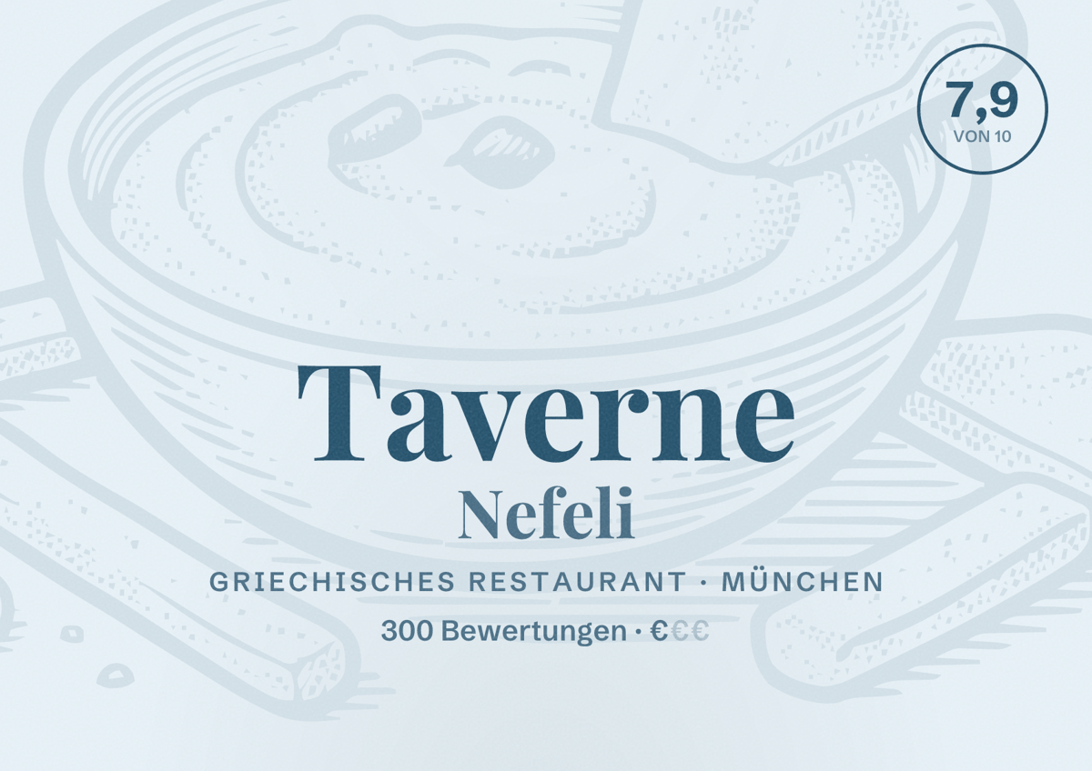 Illustriertes Poster von Taverne Nefeli, Griechisches Restaurant in München: Bewertung 7,9 von 10 aus 300 Bewertungen, Preisniveau €