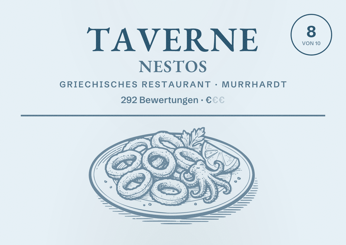 Illustriertes Poster von Taverne Nestos, Griechisches Restaurant in Murrhardt: Bewertung 8 von 10 aus 292 Bewertungen, Preisniveau €