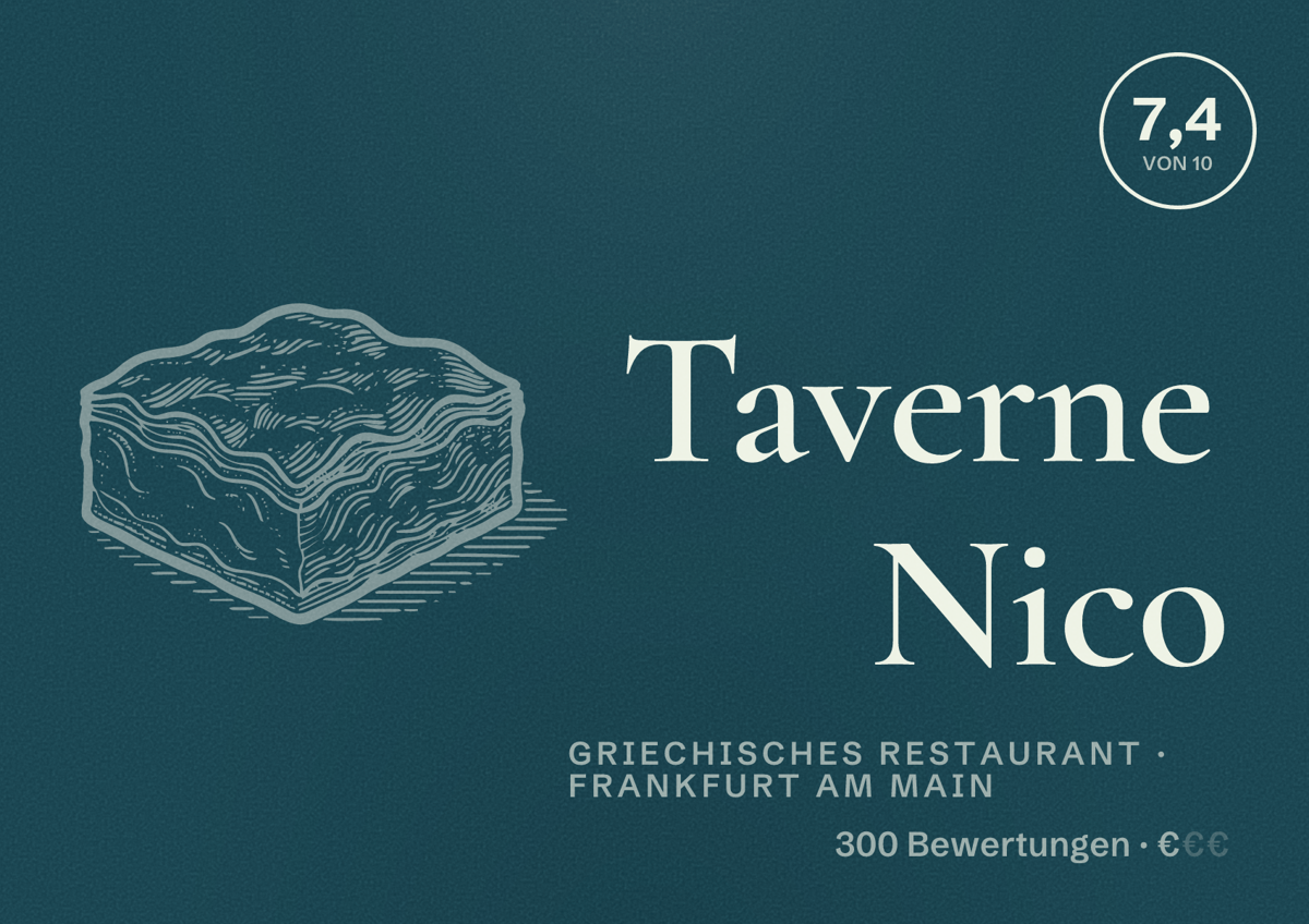 Illustriertes Poster von Taverne Nico, Griechisches Restaurant in Frankfurt am Main: Bewertung 7,4 von 10 aus 300 Bewertungen, Preisniveau €