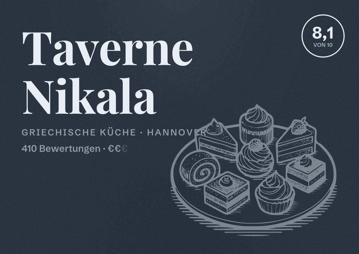 Illustriertes Poster von Taverne Nikala, Griechische Küche in Hannover: Bewertung 8,1 von 10 aus 410 Bewertungen, Preisniveau €€
