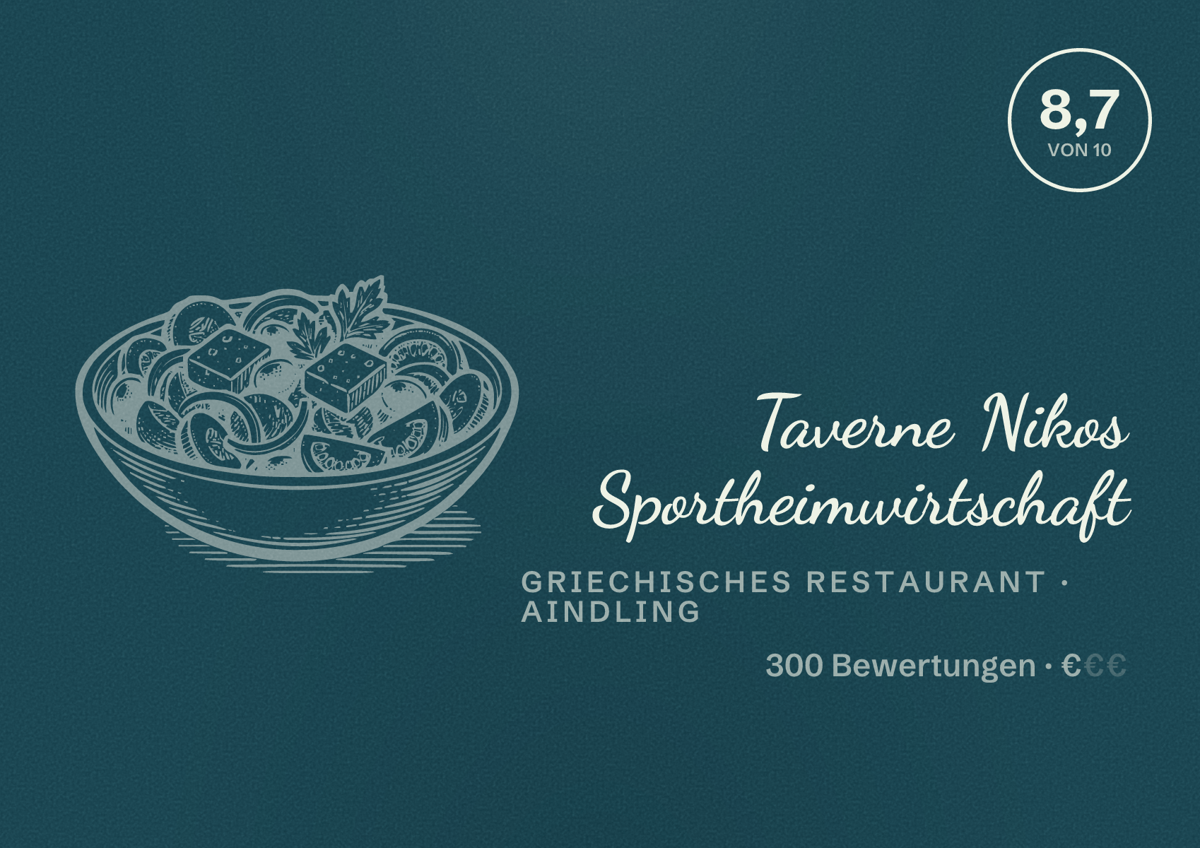 Illustriertes Poster von Taverne Nikos Sportheimwirtschaft, Griechisches Restaurant in Aindling: Bewertung 8,7 von 10 aus 300 Bewertungen, Preisniveau €