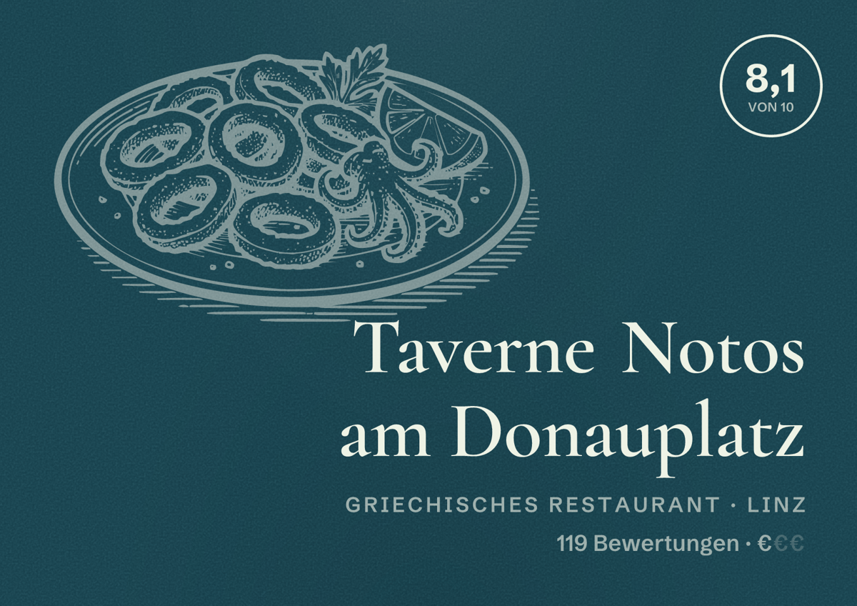 Illustriertes Poster von Taverne Notos am Donauplatz, Griechisches Restaurant in Linz: Bewertung 8,1 von 10 aus 119 Bewertungen, Preisniveau €