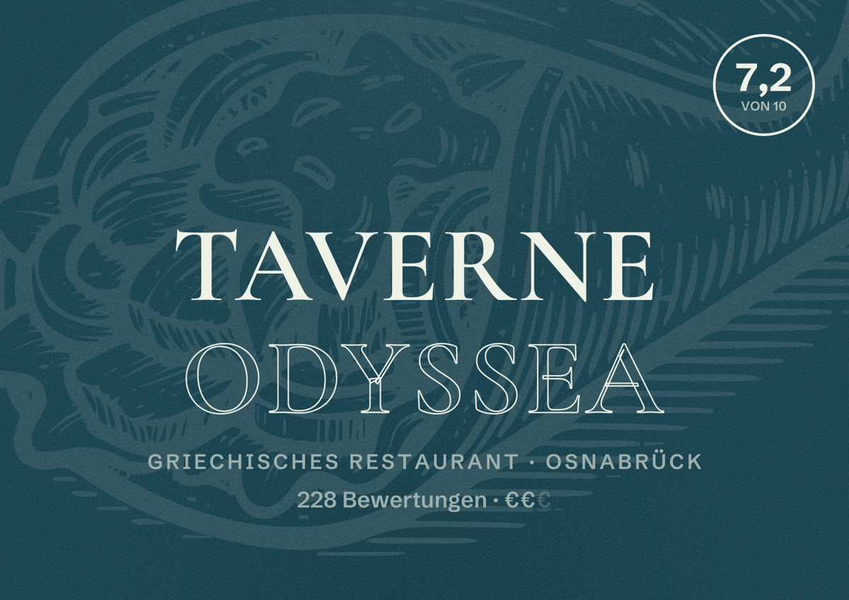 Illustriertes Poster von Taverne Odyssea, Griechisches Restaurant in Osnabrück: Bewertung 7,2 von 10 aus 228 Bewertungen, Preisniveau €€