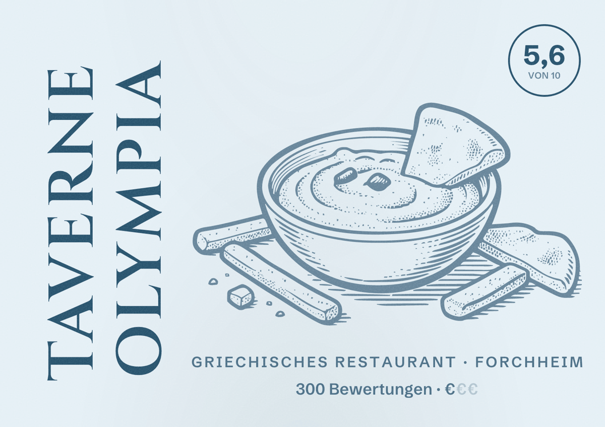 Illustriertes Poster von Taverne Olympia, Griechisches Restaurant in Forchheim: Bewertung 5,6 von 10 aus 300 Bewertungen, Preisniveau €