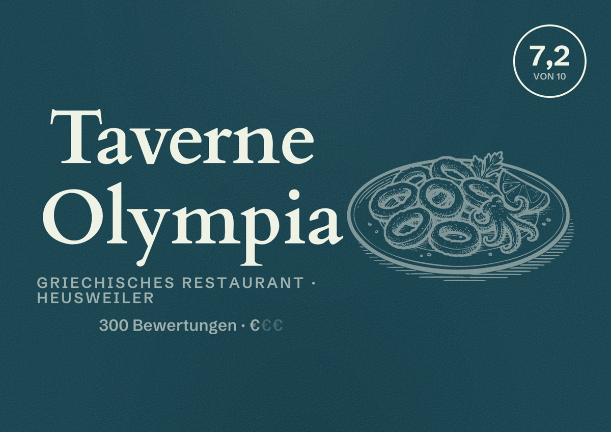 Illustriertes Poster von Taverne Olympia, Griechisches Restaurant in Heusweiler: Bewertung 7,2 von 10 aus 300 Bewertungen, Preisniveau €