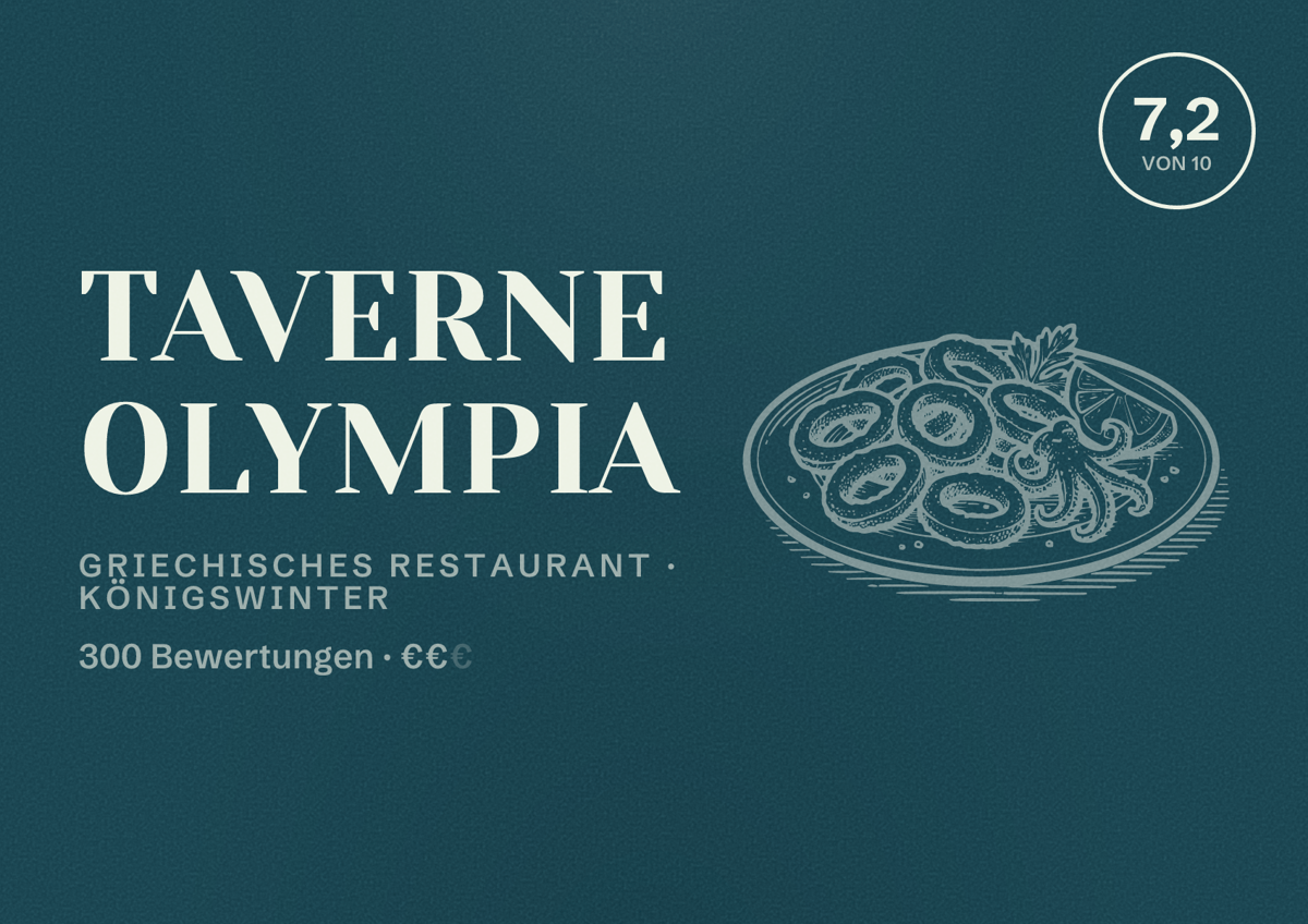Illustriertes Poster von Taverne Olympia, Griechisches Restaurant in Königswinter: Bewertung 7,2 von 10 aus 300 Bewertungen, Preisniveau €€