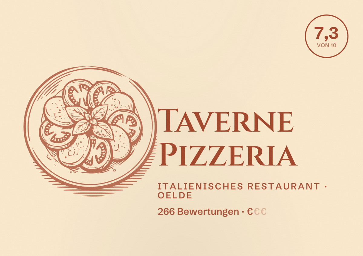 Illustriertes Poster von Taverne Pizzeria, Italienisches Restaurant in Oelde: Bewertung 7,3 von 10 aus 266 Bewertungen, Preisniveau €