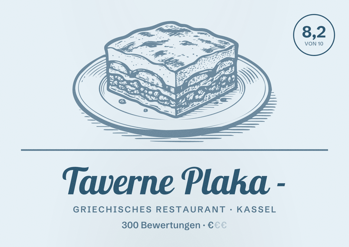 Illustriertes Poster von Taverne Plaka -, Griechisches Restaurant in Kassel: Bewertung 8,2 von 10 aus 300 Bewertungen, Preisniveau €