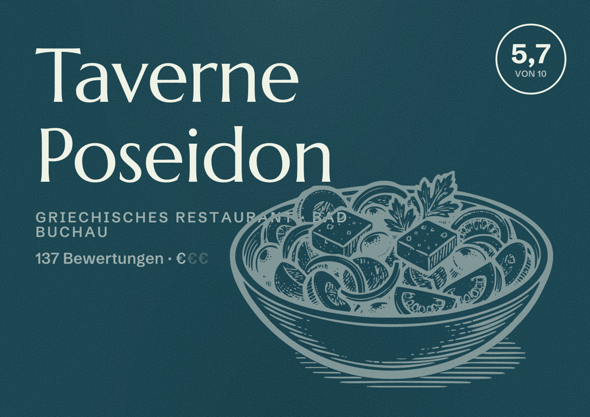 Illustriertes Poster von Taverne Poseidon, Griechisches Restaurant in Bad Buchau: Bewertung 5,7 von 10 aus 137 Bewertungen, Preisniveau €