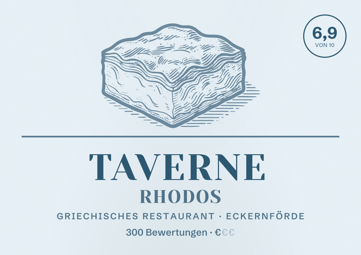 Illustriertes Poster von Taverne Rhodos, Griechisches Restaurant in Eckernförde: Bewertung 6,9 von 10 aus 300 Bewertungen, Preisniveau €