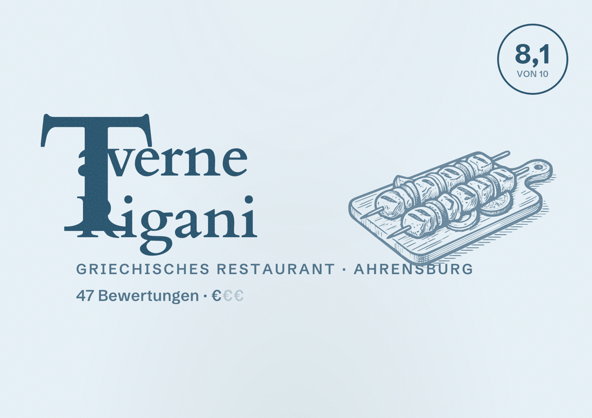 Illustriertes Poster von Taverne Rigani, Griechisches Restaurant in Ahrensburg: Bewertung 8,1 von 10 aus 47 Bewertungen, Preisniveau €