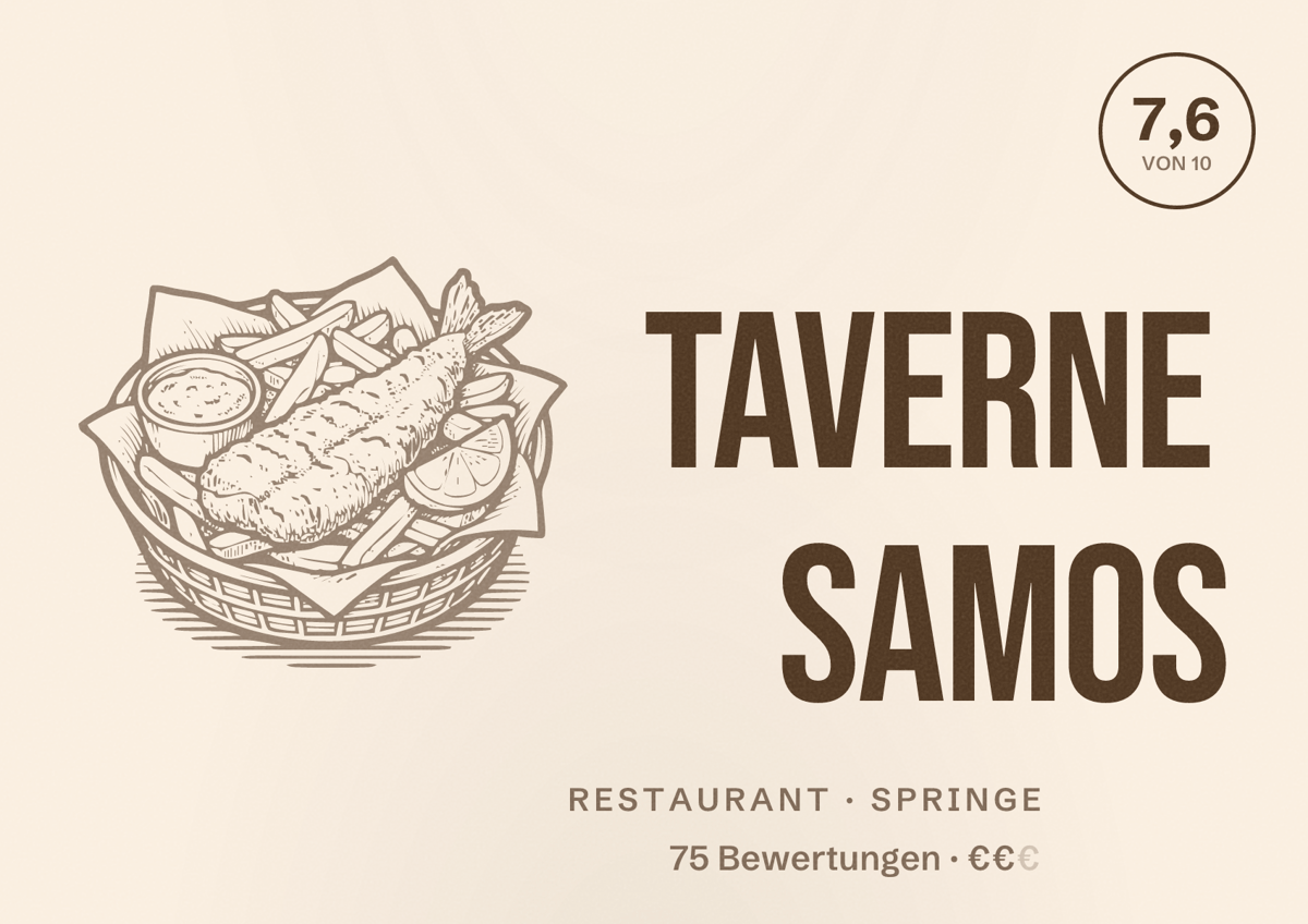 Illustriertes Poster von Taverne Samos, Restaurant in Springe: Bewertung 7,6 von 10 aus 75 Bewertungen, Preisniveau €€