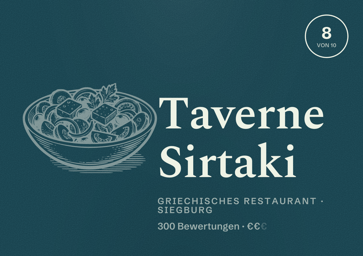 Illustriertes Poster von Taverne Sirtaki, Griechisches Restaurant in Siegburg: Bewertung 8 von 10 aus 300 Bewertungen, Preisniveau €€
