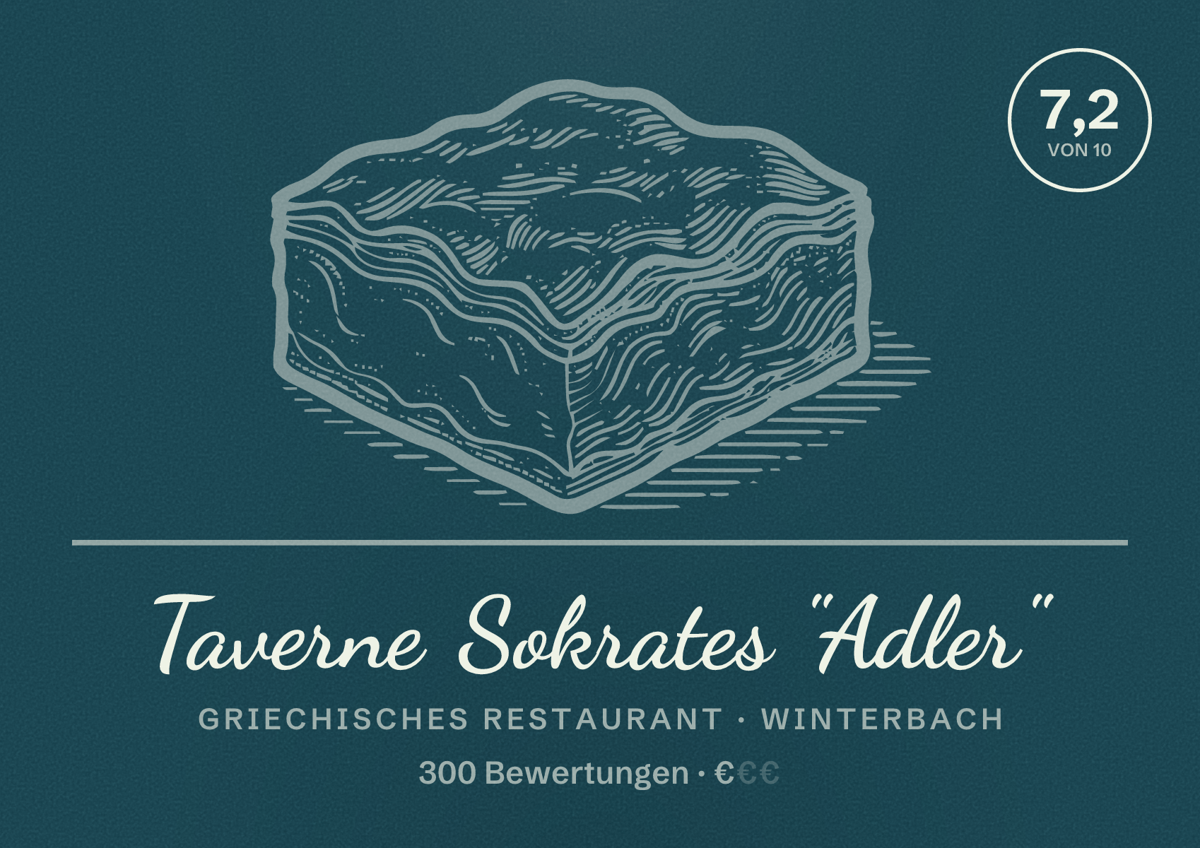 Illustriertes Poster von Taverne Sokrates "Adler", Griechisches Restaurant in Winterbach: Bewertung 7,2 von 10 aus 300 Bewertungen, Preisniveau €