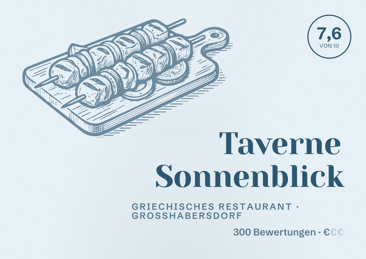 Illustriertes Poster von Taverne Sonnenblick, Griechisches Restaurant in Großhabersdorf: Bewertung 7,6 von 10 aus 300 Bewertungen, Preisniveau €
