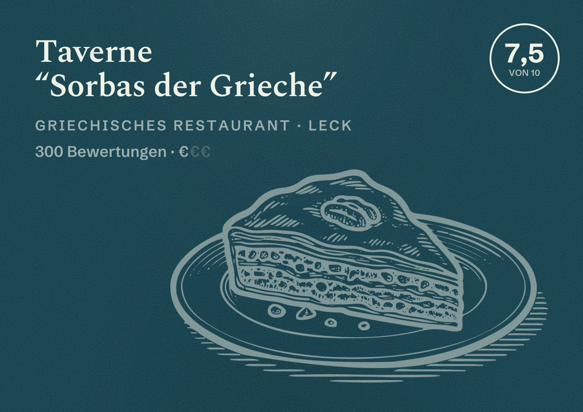 Illustriertes Poster von Taverne “Sorbas der Grieche”, Griechisches Restaurant in Leck: Bewertung 7,5 von 10 aus 300 Bewertungen, Preisniveau €