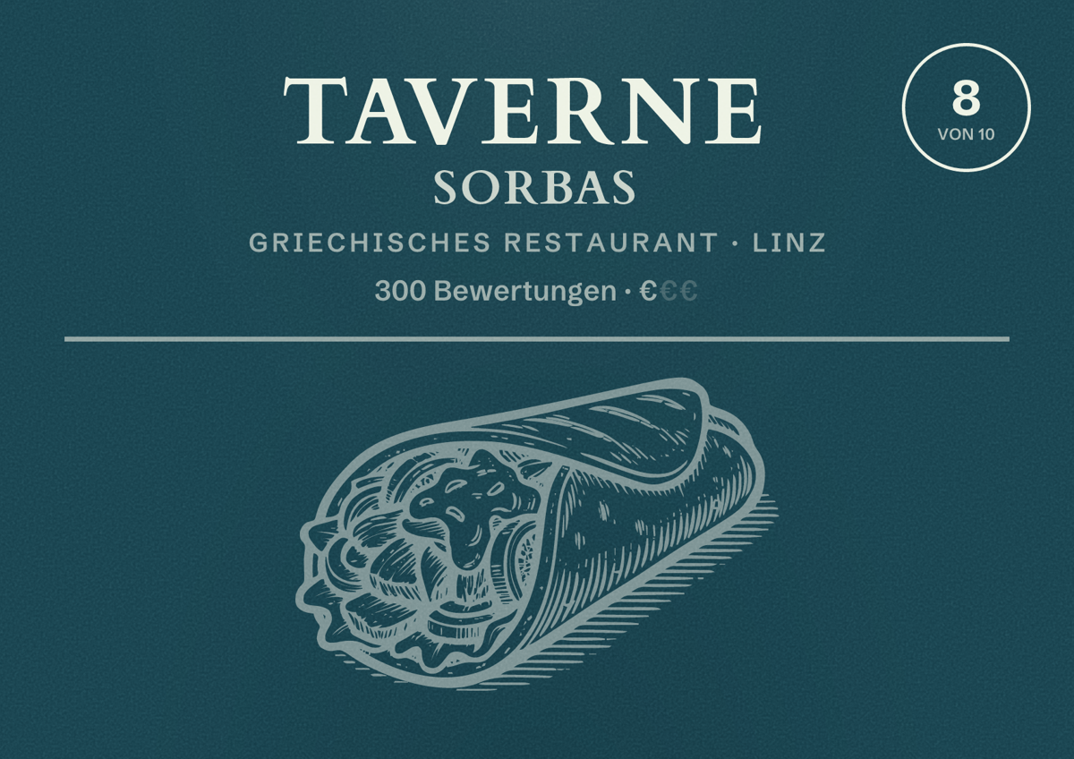 Illustriertes Poster von Taverne Sorbas, Griechisches Restaurant in Linz: Bewertung 8 von 10 aus 300 Bewertungen, Preisniveau €