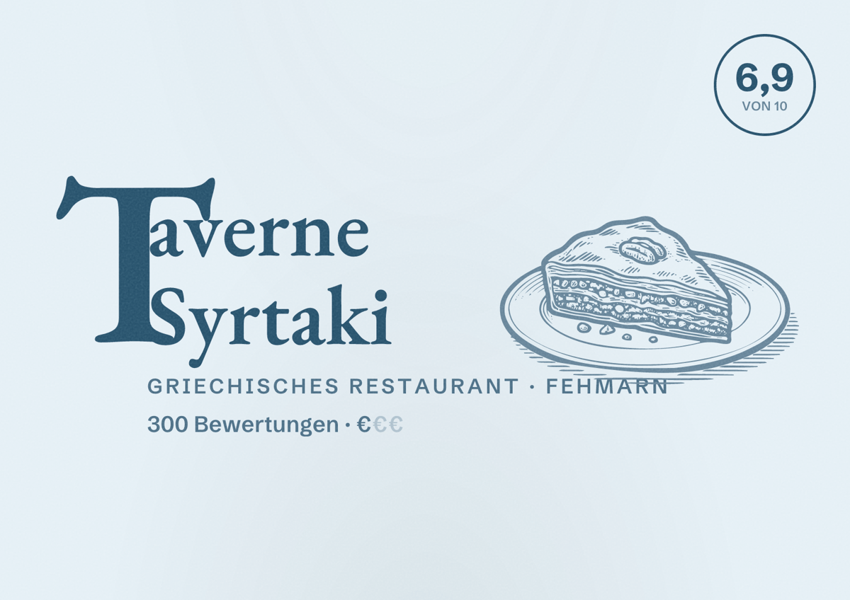 Illustriertes Poster von Taverne Syrtaki, Griechisches Restaurant in Fehmarn: Bewertung 6,9 von 10 aus 300 Bewertungen, Preisniveau €