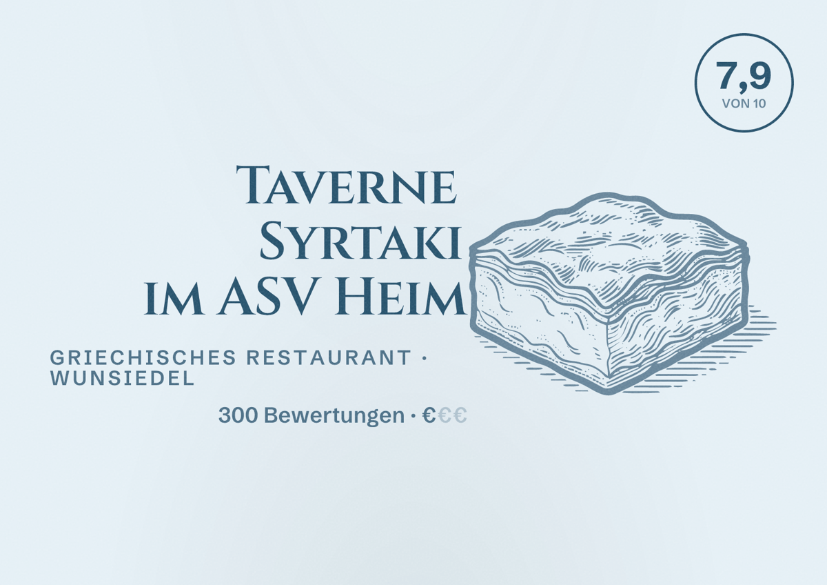 Illustriertes Poster von Taverne Syrtaki im ASV Heim, Griechisches Restaurant in Wunsiedel: Bewertung 7,9 von 10 aus 300 Bewertungen, Preisniveau €