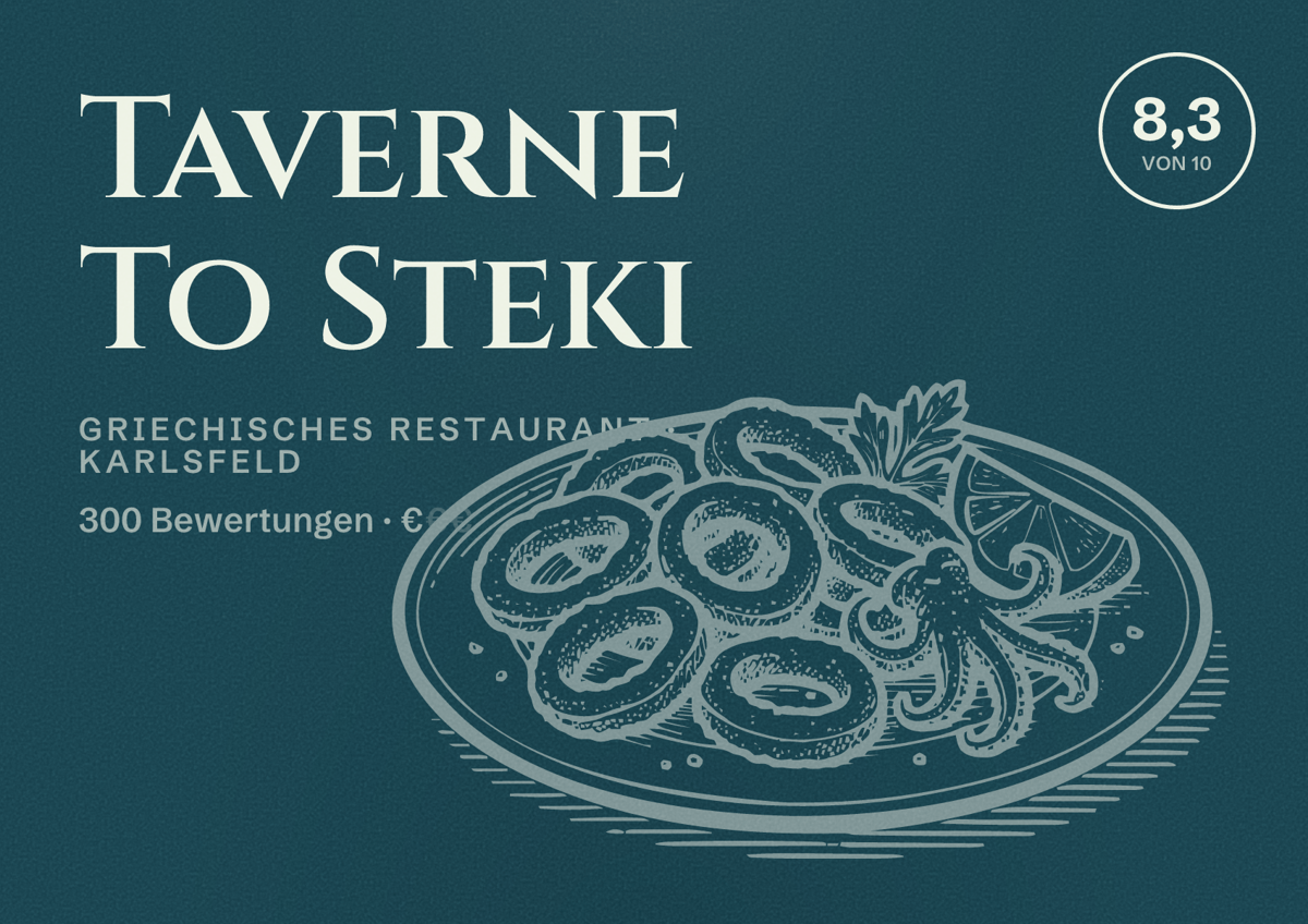 Illustriertes Poster von Taverne To Steki, Griechisches Restaurant in Karlsfeld: Bewertung 8,3 von 10 aus 300 Bewertungen, Preisniveau €