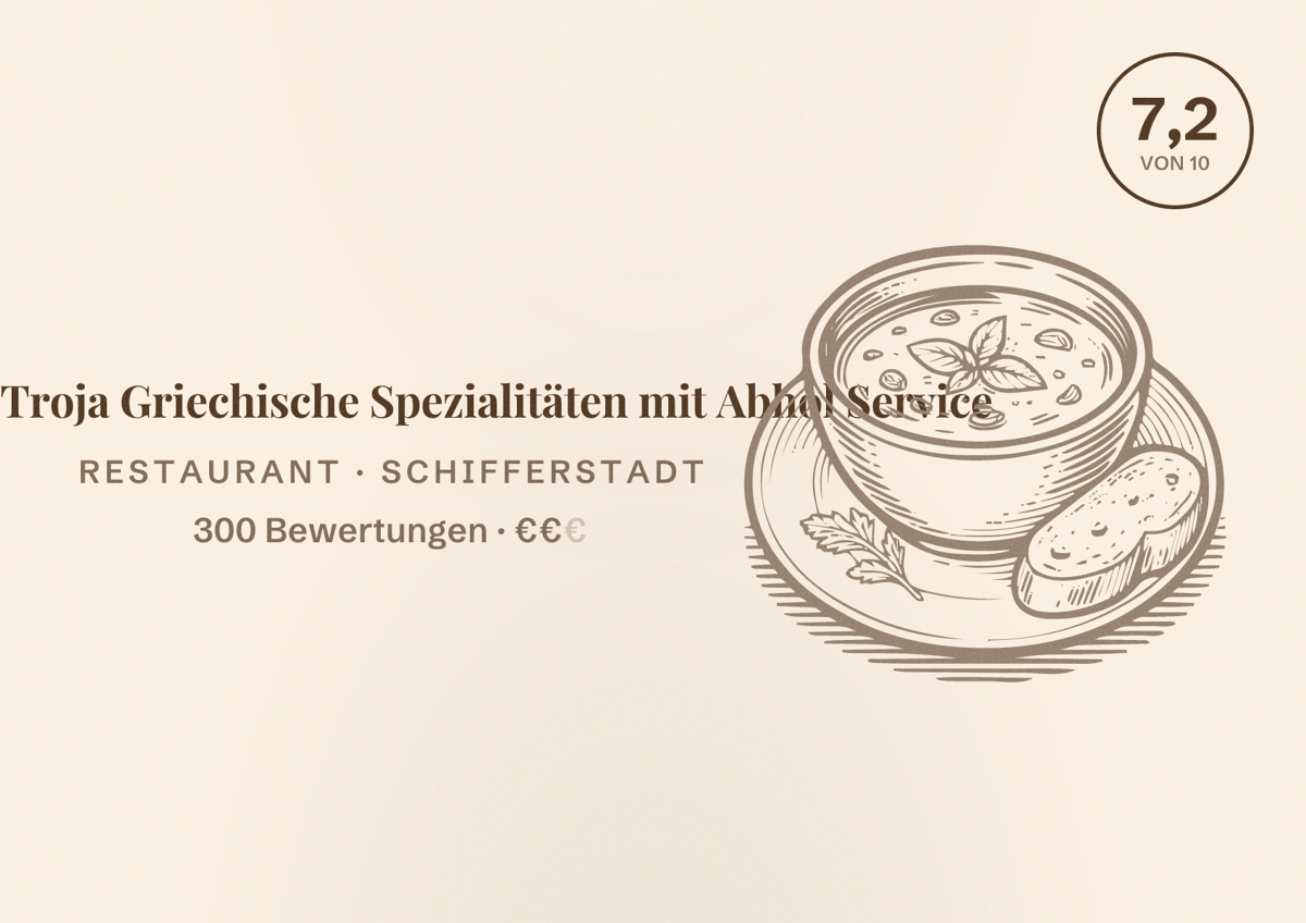 Illustriertes Poster von Taverne Troja Griechische Spezialitäten mit Abhol Service, Restaurant in Schifferstadt: Bewertung 7,2 von 10 aus 300 Bewertungen, Preisniveau €€
