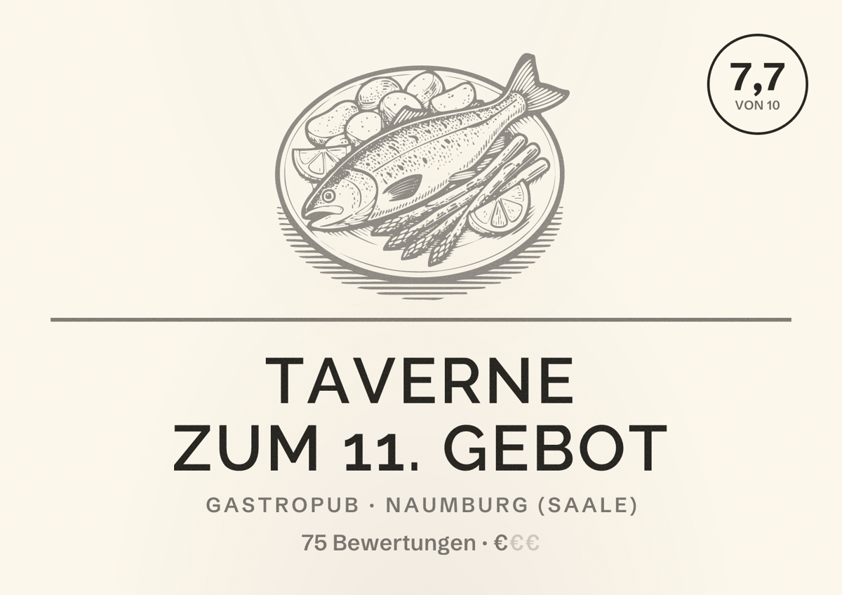 Illustriertes Poster von Taverne Zum 11. Gebot, Gastropub in Naumburg (Saale): Bewertung 7,7 von 10 aus 75 Bewertungen, Preisniveau €